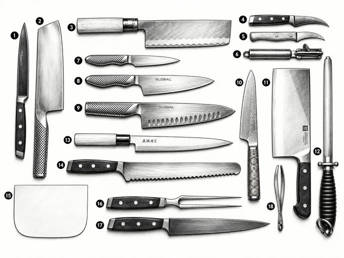 Gezeichnete Übersicht von 18 nummerierten Küchenmessern und Werkzeugen, darunter Kochmesser, Tourniermesser, Hackbeil, Wetzstahl, Teigkarte und Tranchierbesteck