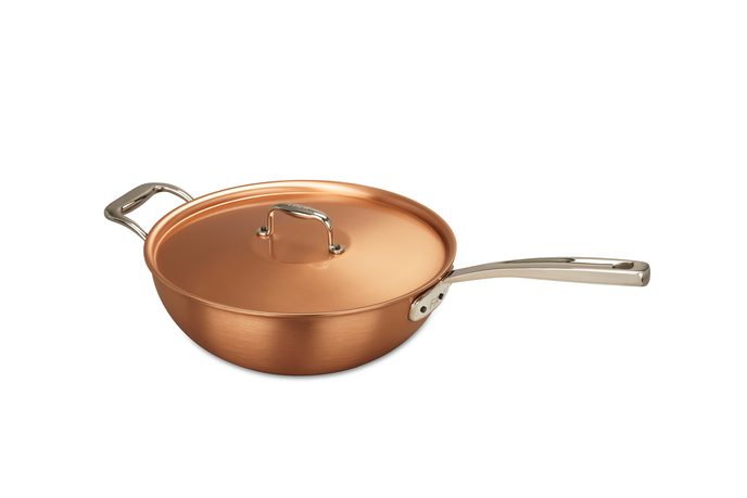 Wok aus Kupfer mit Deckel, Stiel und Gegengriff